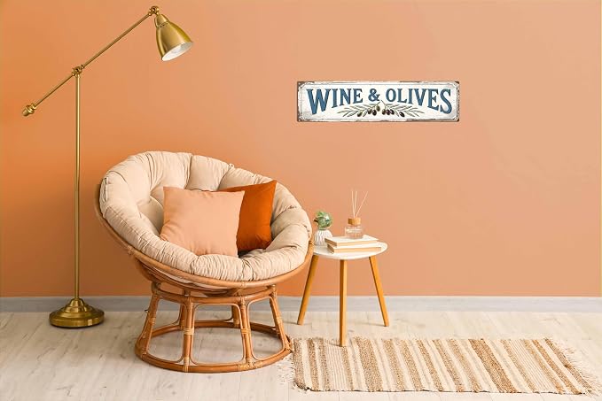 Wine and Olives Metal Sign 4x16in Rustic Plaque for Kitchen Dining Room Wall Decor