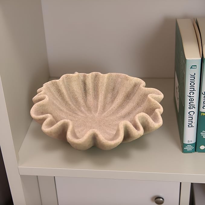 10" Large Handmade Decorative Bowl decor , Handicraft Scalloped Bowls for Modern Home Decor,Ruffle Decor,Key Bowl for Entry Table,Decorative Fruit Bowl for Kitchen Counter,Artificial Stone Beige