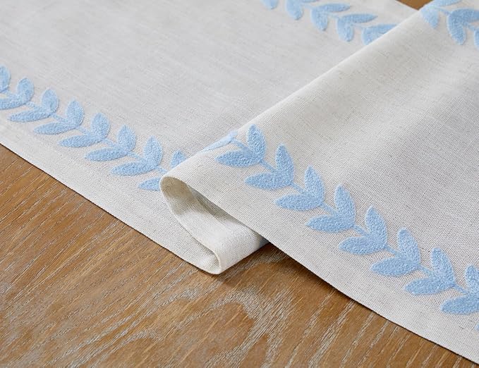 Wracra Embroidered Table Runner Irregular Willow Leaf Table Runners 60 Inches Long for Dresser Home Dining Table Decor,14 x 60 Inch, Blue