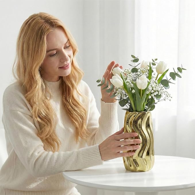 7.5" Gold Ceramic Vase - Minimalist Gold Flower Vase, Small Pampas Grass Vase, Boho Decorative Centerpiece Vase for Home Decor, Wedding, Housewarming, Table, Shelf, Mantel, and Entryway