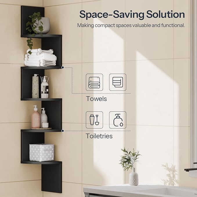 HOOBRO Corner Shelf Wall-Mounted, Set of 2 Floating Corner Shelves for Wall, 5-Tier Corner Bookshelves for Living Room, Bedroom, Bathroom, Home Office, Black BK26BJP201