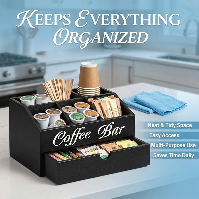Wooden Coffee Station Organizer with Drawer, 5 Compartment Snack Organizer for Countertop, Coffee Bar Organizer for K-Cups, Tea Bags, Condiments & Office Pantry Storage