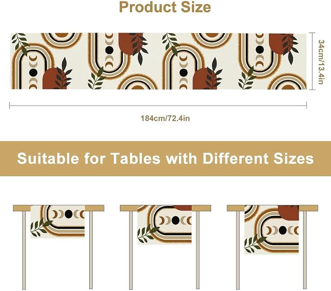 YCness Boho Mid Century Table Runner for Laundry Room Party Kitchen Dining Modern Sun Moon Phase Abstract Minimalist Aesthetic Leaves Arch Geometric Brown Black Orange, 13x60 Inch