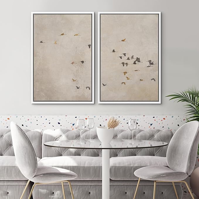 SIGNWIN Framed Canvas Print Wall Art Set Flying Birds Silhouette Minimalist Beige Illustrations Modern Minimal Decorative for Living Room, Bedroom, Office - 24"x36"x2 White