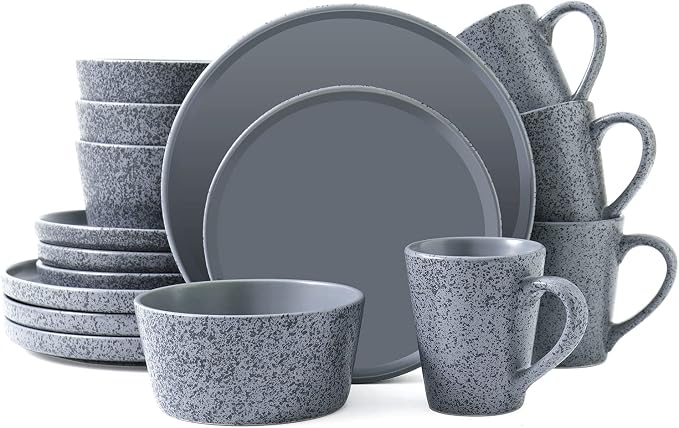 Bestone 16 Piece Round Kitchen Dinnerware Sets,Plates and Bowls sets,Dishes, Dinner Plates, Cereal Bowls Set，Bowls, Mugs, Dish Set，Plates and Bowls,Service for 4, Stoneware Dinnerware,grey matte