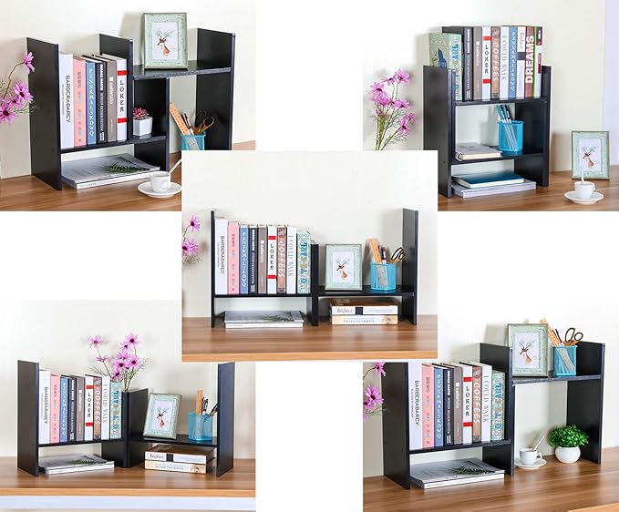 PAG Adjustable Desktop Shelf Wood Small Bookshelf Desk Supplies Organizers and Accessories Storage Display Rack Office Decor, Black