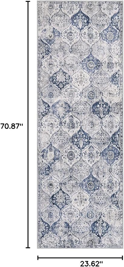 Lahome Moroccan Trellis Washable Runner Rug, 2x6 Kitchen Runners for Hallways 6 Feet Non Slip, Vintage Laundry Room Ultra-Thin Carpet for Bathroom Bedroom Entryway Elise, White/Royal Blue