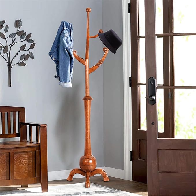 Coat Rack Freestanding Wood Tree Rack with 8 Hooks, Creative Design Tree Branch-look, Coat Tree Clothes Hanger Stand with Stable Sphere Base for Entryway, Hallway, Bedroom - Load 160lbs (Light Brown)