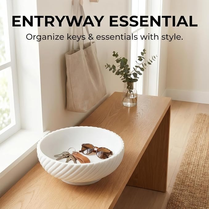 10" Fruit Bowl for Kitchen Counter - Large Decorative Bowl for Home Decor, Modern Key Bowl for Entryway Table - Unique Diagonal Fluted Resin Centerpiece Bowl for Coffee Table, Beige