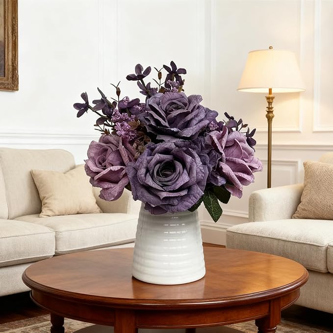 Artificial Purple Rose Arrangement in White Ceramic Vase, 10 Inch Silk Flowers with Foliage, Modern Contemporary Floral Bouquet for Home, Office, Wedding Decor