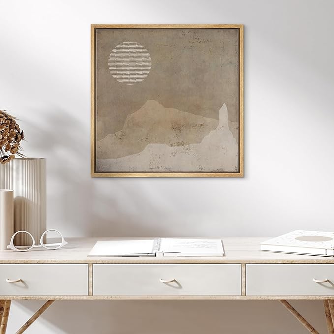 SIGNWIN Framed Canvas Print Wall Art Grunge Dark Brown Minimal Landscape Abstract Shapes Illustrations Modern Art Decorative Boho Relax/Zen Nordic for Living Room, Bedroom, Office - 16"x16" Natural