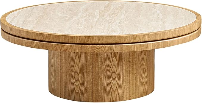 35.43" Farmhouse Round Coffee Table with Sintered Stone Tabletop, Sturdy Wood MDF Pedestal Coffee Tables for Living Room, Modern Circle Center Tea Table for Apartment, Office Bedroom Natural