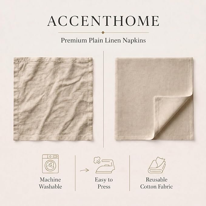 ACCENTHOME Natural Cotton Linen Napkin Set of 6 18x18 inch Dinner Napkins - Washable Soft Premium Hotel Quality Reusable Napkins Perfect Table Napkins for Family Dinners, Weddings & Everyday Use