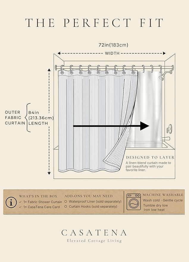 Farmhouse Striped Shower Curtain - 72x84 Inches, Linen Blend Fabric, Breathable & Machine Washable, Rustic Dusty Blue for Bathroom Decor (Hooks/Liner Not Included)