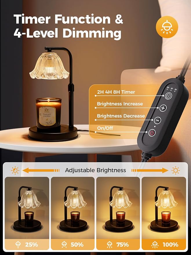Flower Candle Warmer Lamp with Timer - Adjustable Height Wax Melt Warmer for Scented Jar Candles Light, Women Birthday Gifts for Mom, House Warming Gifts New Home Vintage Room Decor, Black