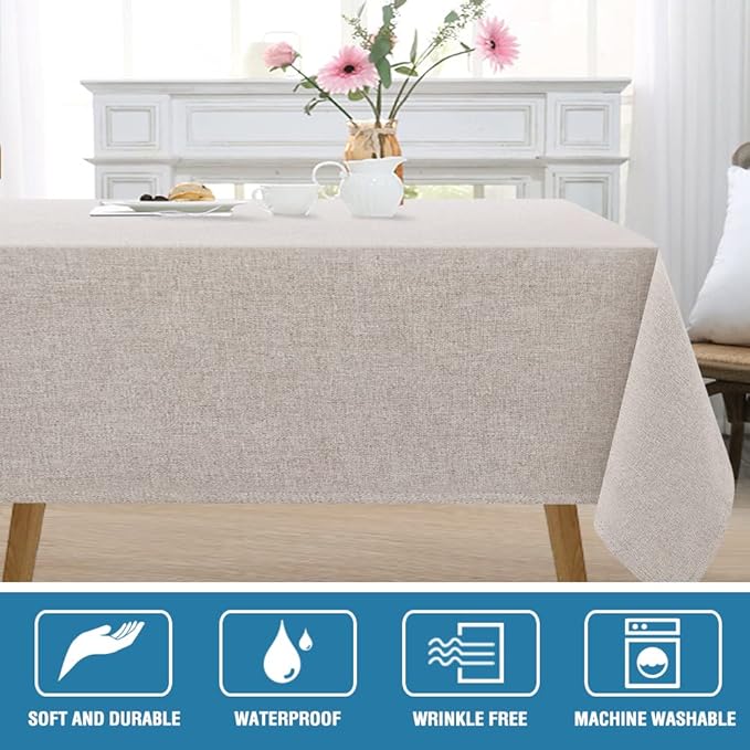 H.VERSAILTEX Linen Textured Tablecloth 60 x 102 Waterproof Decorative Table Cloth Spill-Proof Linen Look Cover for Party Table Extra Soft and Thick Fabric Wrinkle Free, Heather Sand