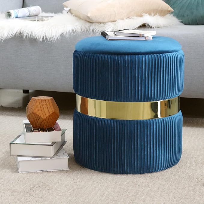 YYW HOME Blue Round Ottoman with Storage Set of 2 Vanity Stool Foot Rest with Removable Lid Blue Velvet Storage Ottoman Stool for Living Room and Dorm (Gold and Blue)