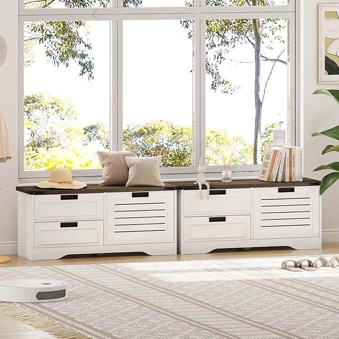 FATORRI Shoe Storage Bench with Flip Drawer, Wooden Entryway Bench, Modern Shoe Cabinet with Removable Drawers for Hallway, Living Room (Walnut Brown & White Oak)