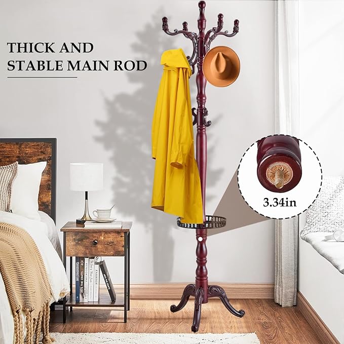 Wood Coat Rack Freestanding, Natural Coats Tree Stand with 14 Hooks, 73" Sturdy and Easy Assembly Coat Rack Stand for Entryway, Hallway, Bedroom, Bags, Hats (Mahogany-With storage tray)