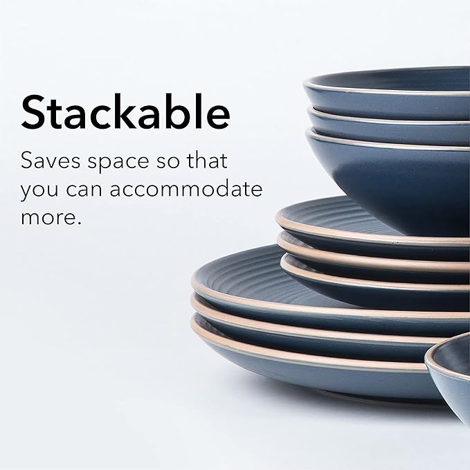 Arora RINGAR Round Stoneware 16pc Double Bowl Dinnerware Set for 4, Dinner Plates, Side Plates, Cereal Bowls, Pasta Bowls - Speckle Matte Blue (420796)