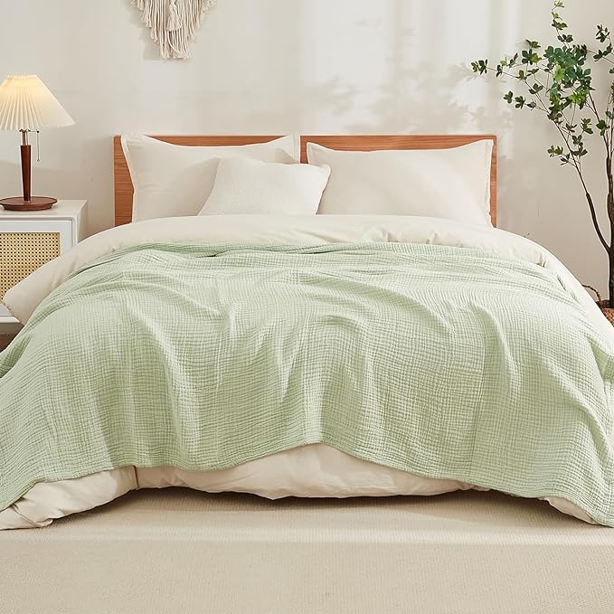 EMME Cotton Throw Blanket 100% Muslin Soft Blanket for Couch 4-Layer Breathable Gauze All Season Soft and Lightweight Pre-Washed Cotton (Mint Green, 50"x71")
