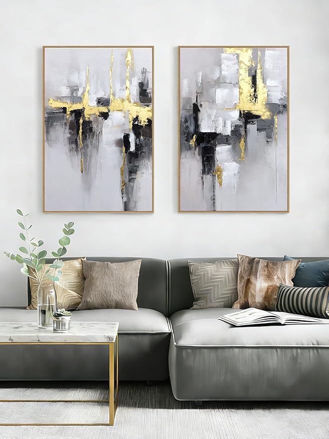 SAFERRYHOME 2-Piece Large Grey and Gold Abstract Wall Decor- Framed Modern Canvas Paintings for Living Room, Bedroom, Office Décor - 24x36 Inches Each