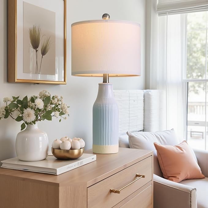 USumkky 23.75inch Light Blue Modern Ceramic Bedside Lamp Set of 2 with 5FT Cord for Bedroom Decor Farmhouse Table Lamp for Living Room Office Dorm