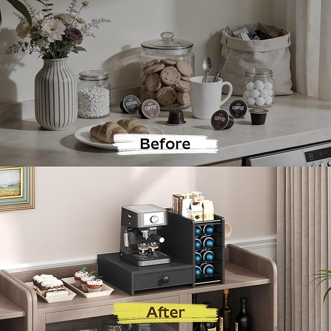 YATINEY Coffee Pod Drawer Holder, 4 Tier Holder for Vertuo, 72 Pods Large Capacity, Coffee Station Organizer with Storage Drawer and 3 Hooks, Black KH02BB