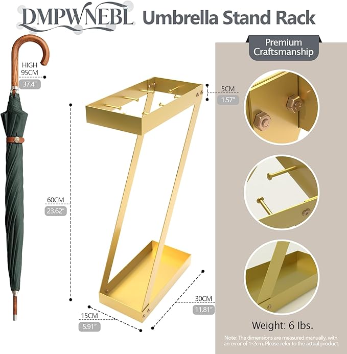 Gold Entryway Umbrella Holder - Indoor Umbrella Stand with Hooks, Stores Umbrellas & Canes, Anti-tip Design for Homes, Offices, Hotel Lobbies