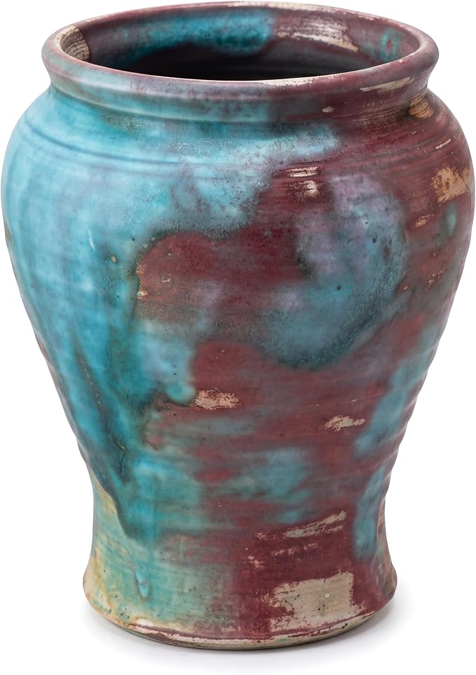 Rustic Ceramic Flower Vase for Home Decor, Handmade Vintage Stoneware Clay Pottery Terracotta Textured for Modern Farmhouse, Living Room, Office Desk Table Shelf 6.7IN (Teal Brown)