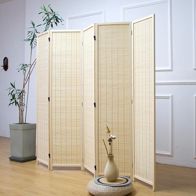 Furnnylane 5 Panel Bamboo Room Divider – 5.6 ft Tall Folding Privacy Screen, Natural Beige Freestanding Room Partition Wall for Home Office (67" x 76.75", 5-Panel)