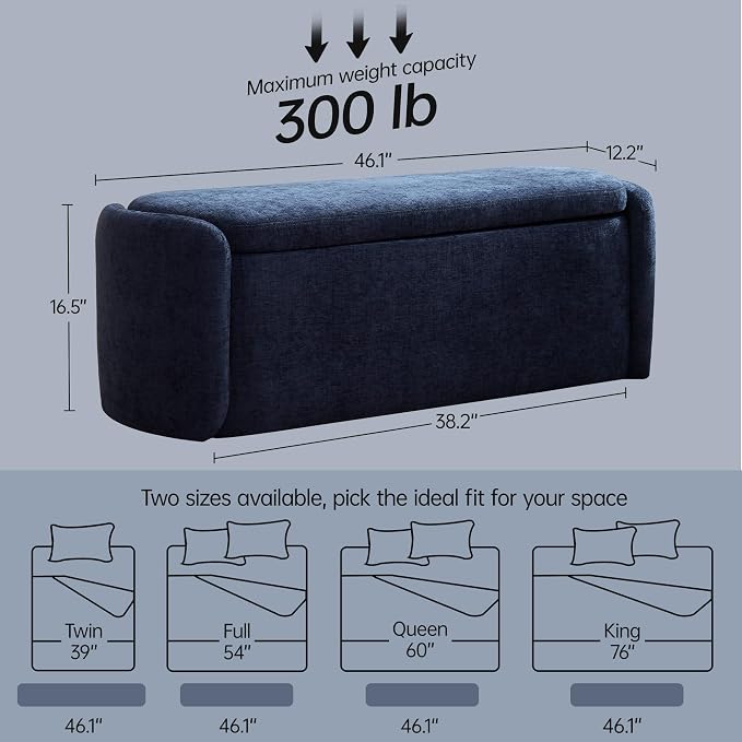 VKNOW 46" Oval Storage Ottoman Bench, Upholstered End of Bed Bench Ottomans Bench Foot Rest, Sherpa Storage Bench for Bedroom, Living Room and Hallway, Navy