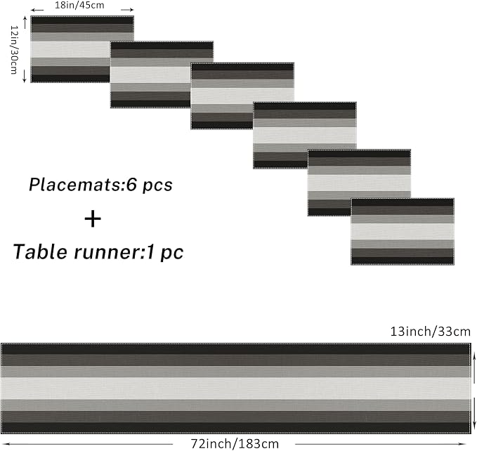 Emvency Black Grey Gradient Table Runner and Placemats Set of 6,Modern Geometric Abstract Painting Art Dining Decor for Daily Use(1 Table Runner 72 inches Long and 6 Placemats)