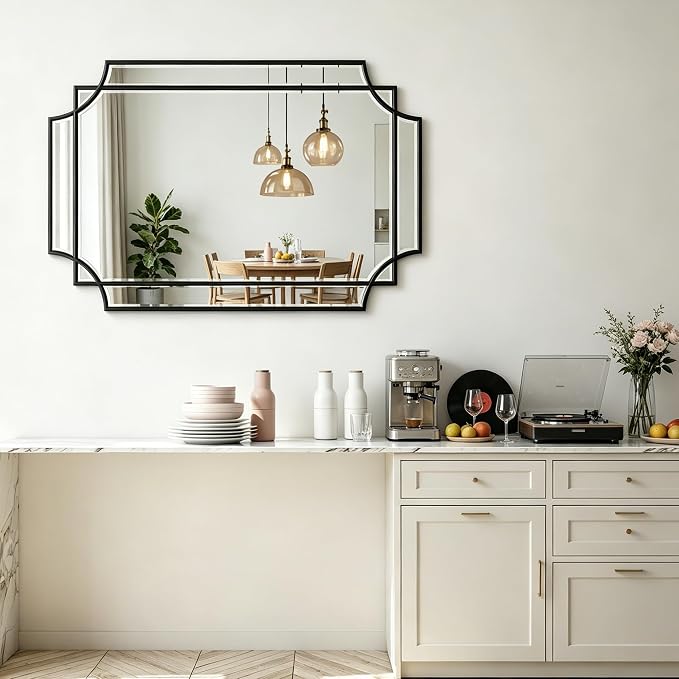 Geometric Beveled Mirror, 30" x 20" Art Deco Mirror with Wood Frame, Ornate Rectangle Accent Wall Mirror for Bathroom, Entryway, Hallway, Living Room, Bedroom, Horizontal or Vertical Hanging