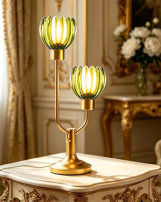 Lightdot Mid Century Modern Glass Green Table Lamp Gold Dimmable Desk Lamps 3000K Warmwhite 2 Bulbs Included Bedside Nightstand Ambiance Lamp for Living Room Bedroom