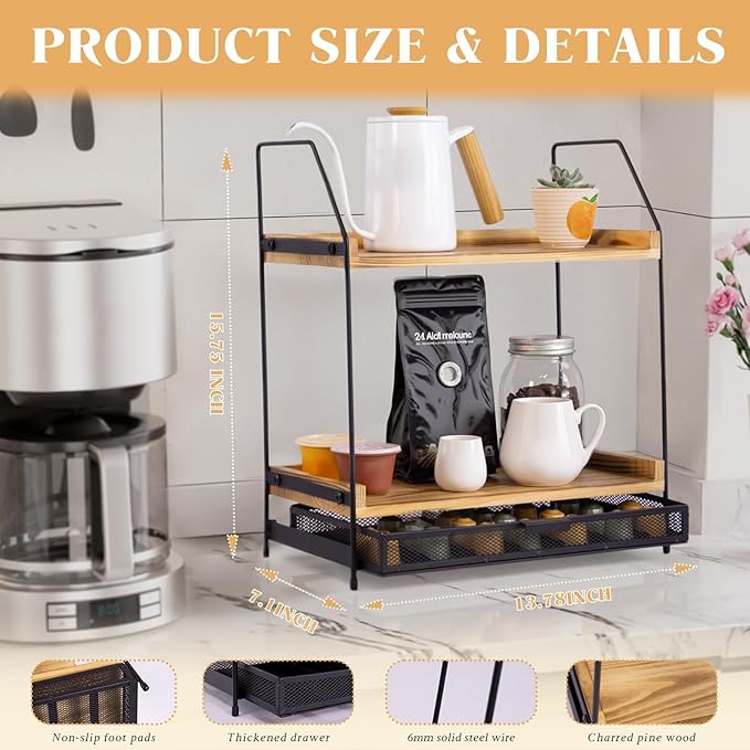 Coffee Bar Station Organizer | 2-Tier Wooden Shelf with Drawer for K-Cup & Nespresso Pod Storage, Tea Bar Accessories and Coffee Pod Holder for Kitchen, Countertop, Office