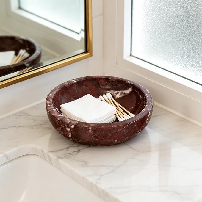 Small PurpleRed Decorative Marble Bowl, 5.9 inches,Natural Stone Round Bowl for Home Decor, Fruit, Nuts, Jewelry tray,Coffee Tables Centerpiece, Soap Serving (PurpleRed-small)