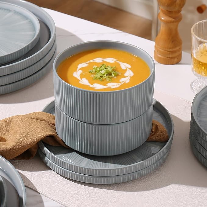 Dinnerware Sets for 4, Ceramic Plates and Bowls Set 12 Piece Dinnerware Chip Resistant Stoneware with Advanced Inkjet Printing Technology, Dishwasher and Microwave Safe-Smoky Blue