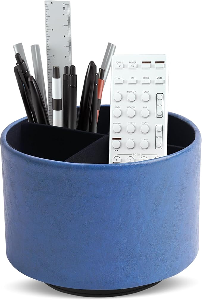 Round Leather Art Supply Organizer,Remote Control Holder,360 Degree Spinning,Multi-Functional Pencil Holder,4 Compartments Desktop Stationary Organizer(1-Oil Blue2)