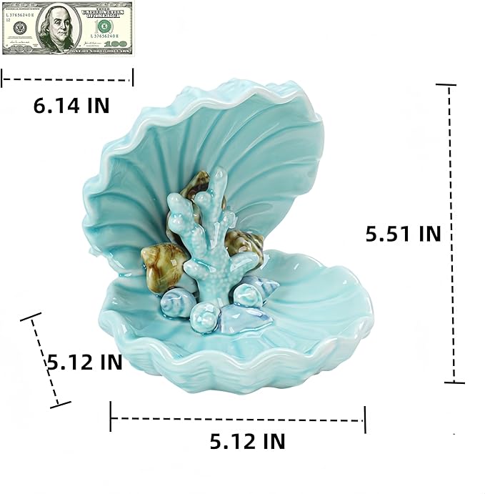 FENGSHUI-CAISHEN Conch Shape Shell Jewelry Holder Dish, Ceramic Jewelry Tray Dish, Ocean-Themed Decorative Ring Holder Trinket Dish, Conch Antique Trinket Dish Vintage Jewelry Tray (Cyan)