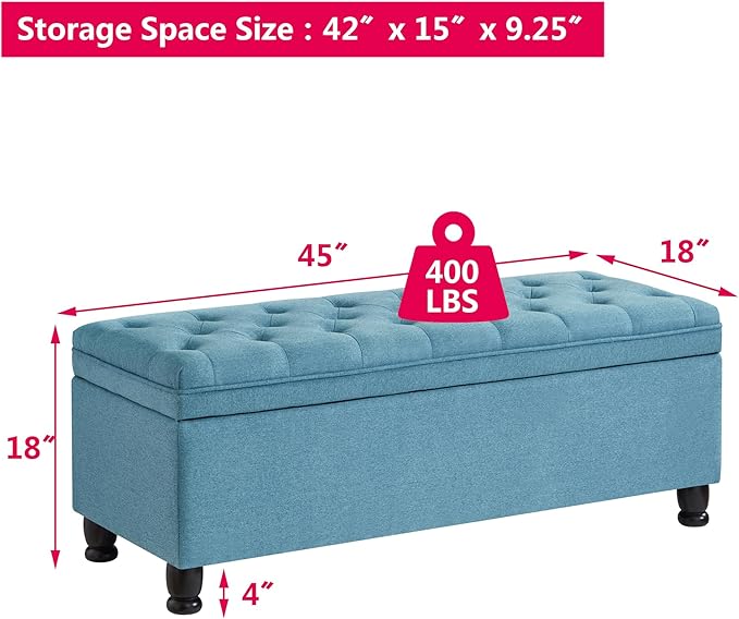 Betoko Linen Storage Benches for Bedroom End of Bed,Mid Century Modern Bed Ottoman Bench with Storage,Button Tufted 45" Long Storage Bench for Entryway Living Room Window (Light Blue)