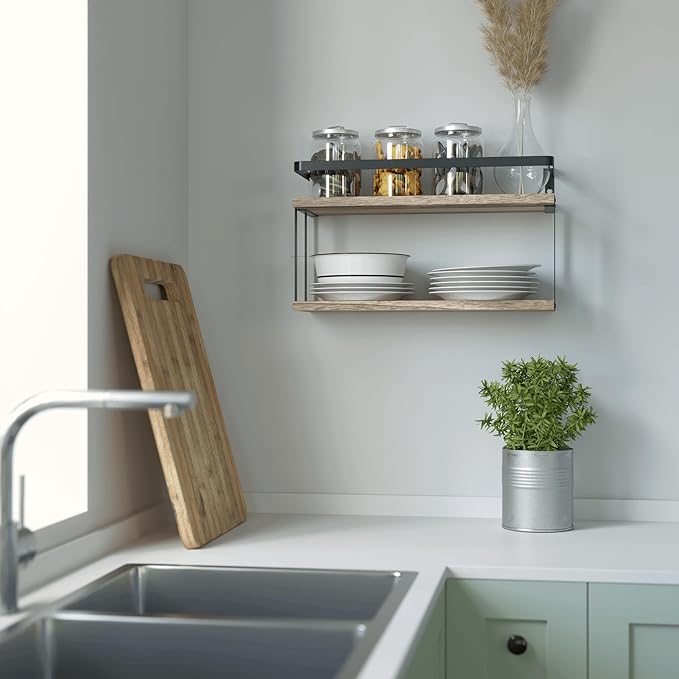 RICHER HOUSE Dual-Level Guardrail Floating Shelves, Rustic Wood Shelf Wall Mounted, Over Toilet Paper Storage Shelf for Bathroom Wall Decor, Bathroom Organizers and Kitchen Storage - Rustic Wood