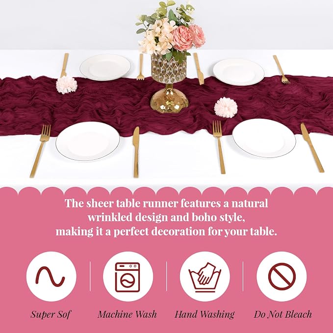 3 Pack Burgundy Cheesecloth Table Runner, 17 x 108 Inch, Gauze Cheese Cloth Table Runner Rustic Sheer Runner for Wedding Birthday Party Baby Shower Table Decor(Burgundy)