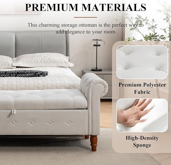 Modern 63'' Storage Ottoman Bench, Upholstered End Bed Bench with Curved Armrest, Button Tufted Entryway Bench with Wood Legs, Bed Bench for Bedroom, Living Room, Hallway (Cream White)