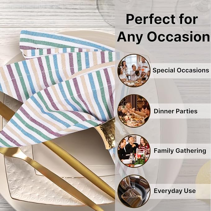 LFH Home 100% Cotton Cloth Salsa Napkin Set of 12 Washable Soft Durable Striped Napkins for Dining Wedding Parties & Daily Use, Reusable Eco-Friendly Fabric Napkins (18x18)-Multi Thanks Giving