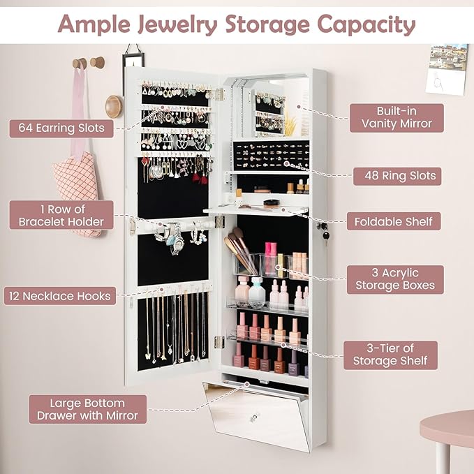 GOFLAME Jewelry Cabinet Armoire Wall Mounted, Lockable Jewelry Storage Organizer with Full-Length Mirror, 3-Color LED Lights, Inner Mirror, 47.2" Tall Jewelry Armoire for Living Room, Bedroom, White