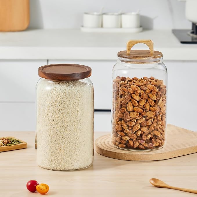 Sweejar Large Glass Candy Jars with Wooden Lids, 1 Gallon Glass Jar with Lid, Sugar/Flour Storage Containers, Big Glass Canisters with Airtight Lid, 2 Pack
