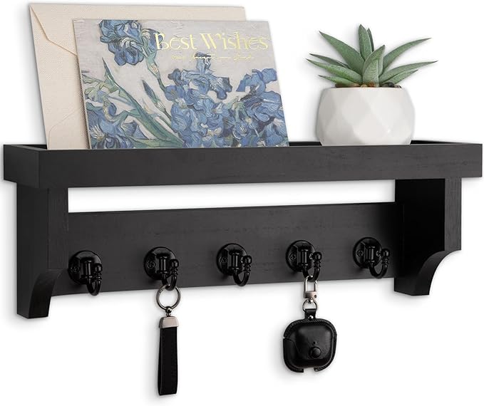 Key and Mail Holder Wall Mount, Key Holder with Shelf and Mail Organizer Wall Mount. Mail Holder with 5 Hooks for Coat, Dog Leash, Home Decor Rack, Entry Way Organizer (Black)
