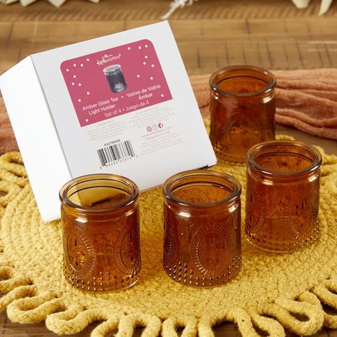 Amber Tea Light Holder - 8pcs - Vintage Glass Tealight Candle Holders by Kate Aspen, Home Décor Table Decoration Favors Gifts for Wedding, Bachelorette, Bridal Shower & Baby Shower Party