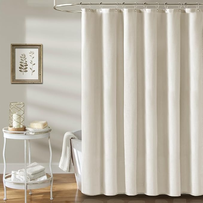 BTTN Stall Fabric Shower Curtain - 60 x 84 Inch Long Linen Textured Heavy Duty Shower Curtain Set with 10 Plastic Hooks, Narrow Decorative Neutral Waterproof Shower Curtains for Bathroom, Light Cream